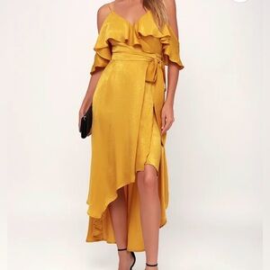 Lulu’s Layla Mustard Yellow Satin Off-the-Shoulder Wrap Dress